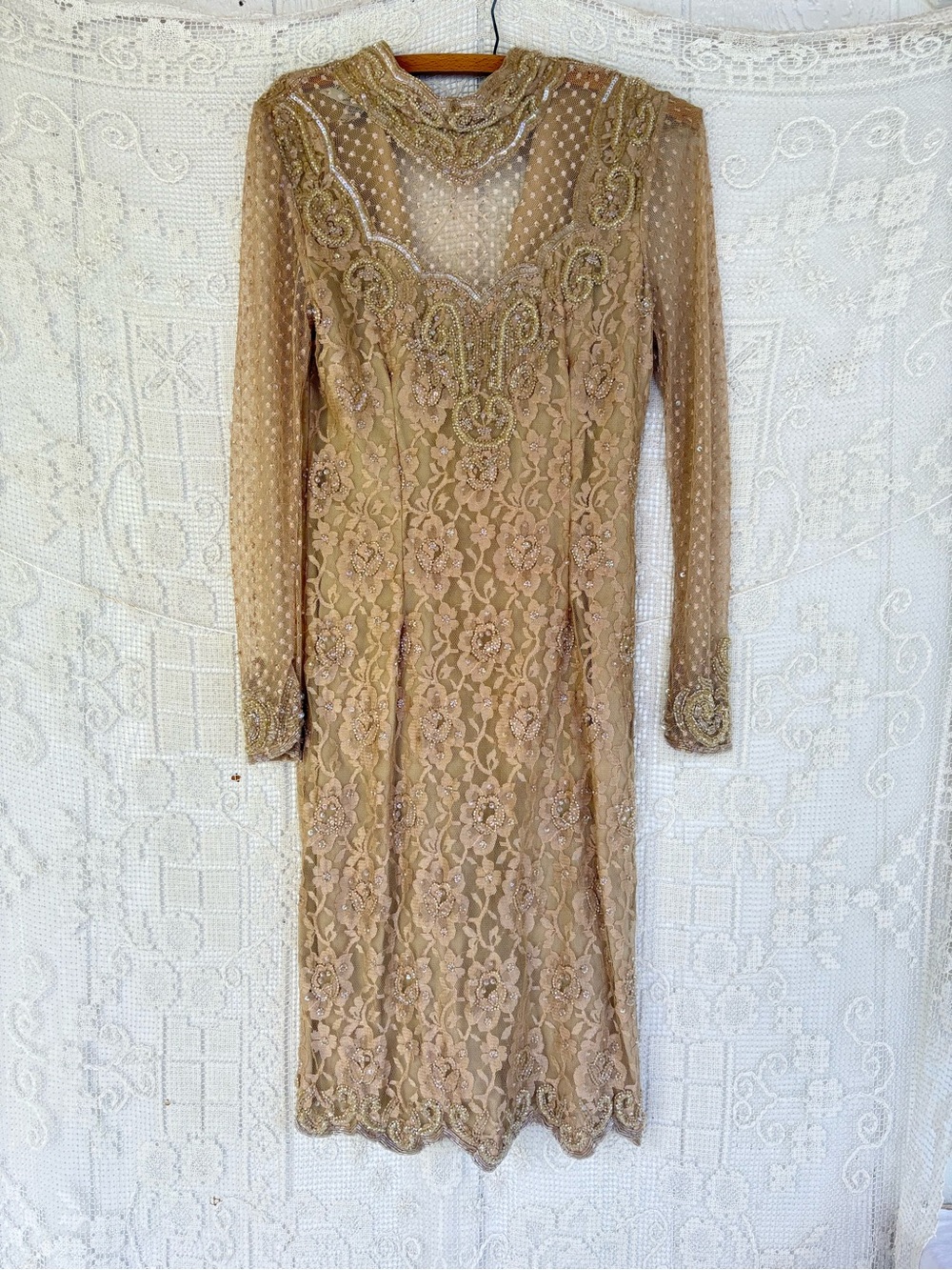 Vintage Lillie Rubin Gold Lace Long Sleeve Sheer Yoke Dress Small FLAW